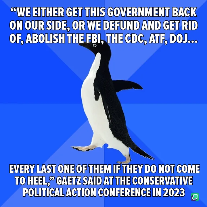 A black-and-white penguin stands upright against a blue background, with bold white text overlaid. The top text quotes a…