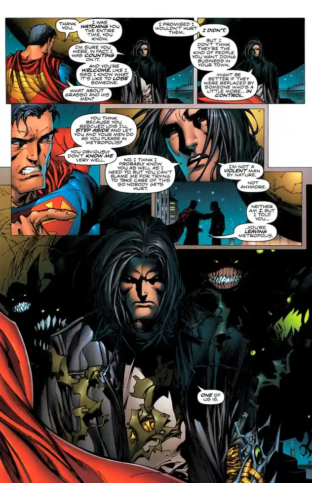 A comic book panel shows Superman and a dark-haired man in a tense conversation, with the dark-haired man saying 'ONE OF US…