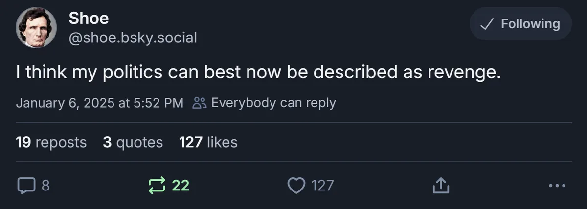 A screenshot of a social media post from a user named 'Shoe' with the handle '@shoe.bsky.social', showing a dark-themed…