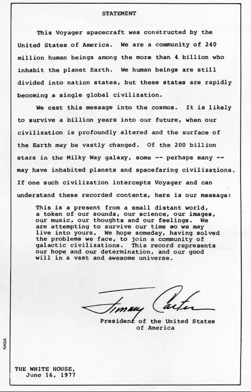 The image displays a formal statement, resembling a NASA document, with typewritten text about the Voyager spacecraft and…