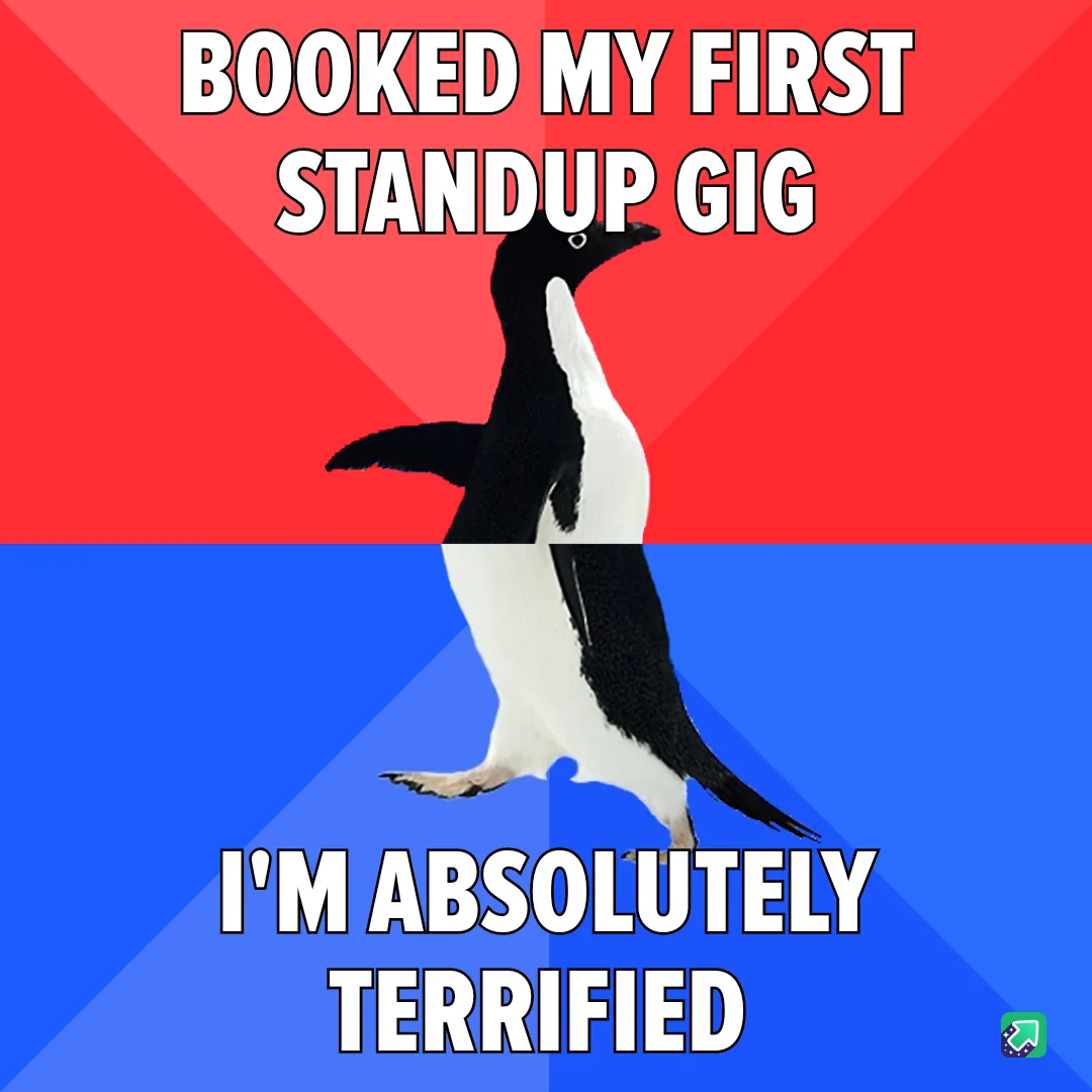 A penguin stands upright against a red and blue background, with bold white text at the top reading 'BOOKED MY FIRST STANDUP…
