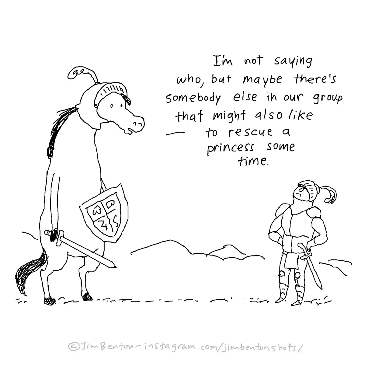 A black-and-white cartoon depicts a horse wearing a knight's helmet and holding a shield and sword, speaking to a human…