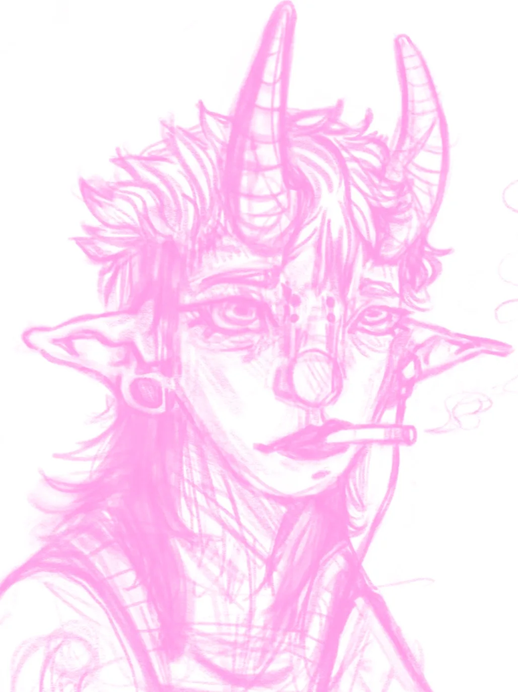 A pink-toned sketch of a humanoid figure with pointed ears, two curved horns, and a cigarette in their mouth, with faint…