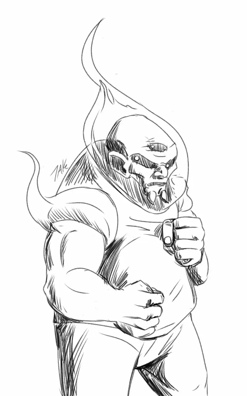 A black-and-white sketch depicts a muscular, bald, demonic-looking character with horns and a tail, flexing his biceps and…