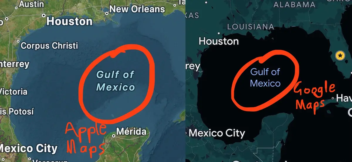 The image displays two side-by-side maps: Apple Maps on the left shows the Gulf of Mexico in blue with normal landmasses…