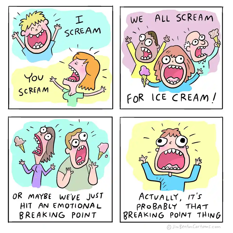 A four-panel comic strip shows cartoon characters screaming with exaggerated expressions. The first panel shows a boy and…