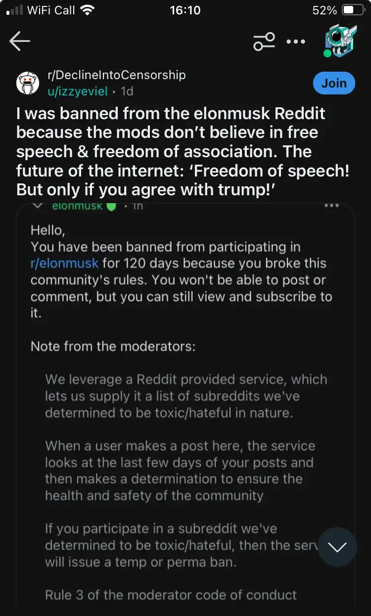 A screenshot of a Reddit ban notice from r/elonmusk, showing a 120-day ban for violating community rules, with a moderator…
