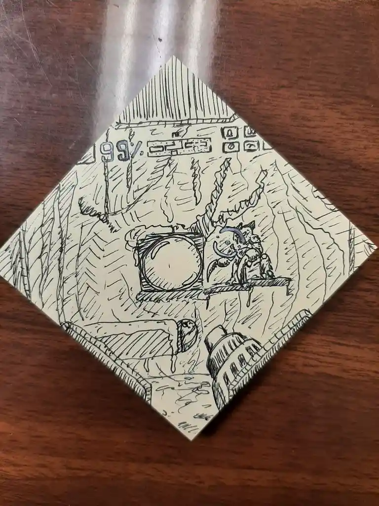 A hand-drawn, diamond-rotated sketch on paper depicts a fantasy scene with a character in armor sitting on a ledge beside a…
