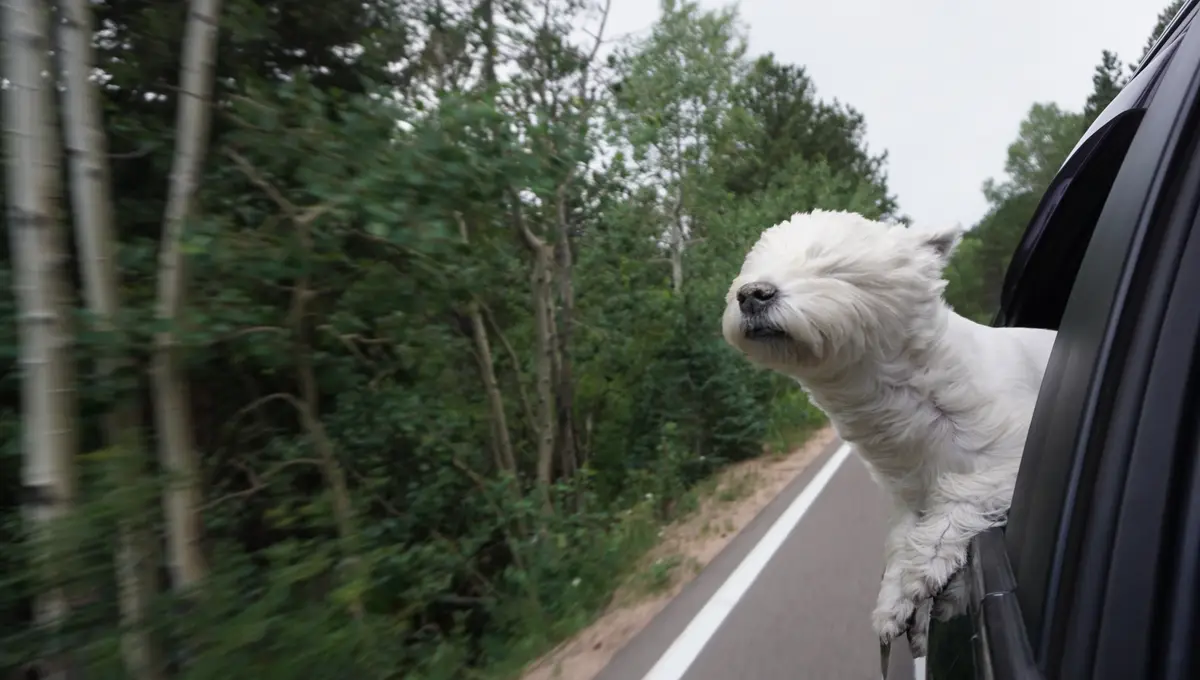 A fluffy white dog with its head and front paws out of a moving car window, eyes closed, enjoying the breeze as trees blur…