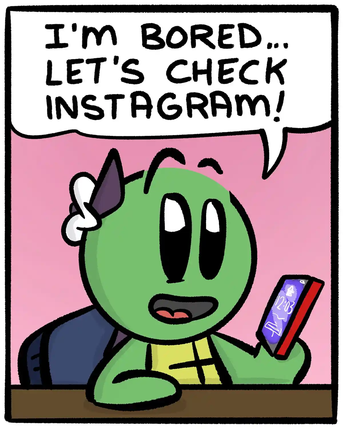 A green cartoon character with horns and a white bow sits at a desk holding a smartphone displaying the time 12:03. The…