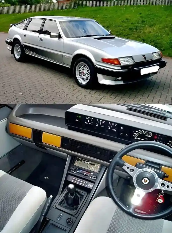 The image displays a silver 1980s Rover Vitesse sports car from the outside, parked on a paved driveway with grass and a…