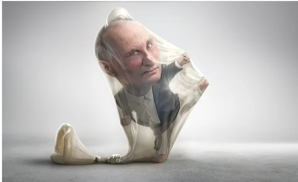 a digitally manipulated image shows a man with a balding head and stern expression, appearing to emerge from or be contained…