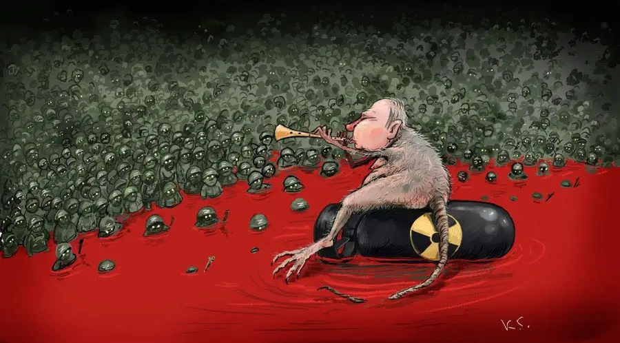 A cartoon depicts a monkey resembling Vladimir Putin, sitting atop a nuclear warhead in a red liquid, blowing a horn while…