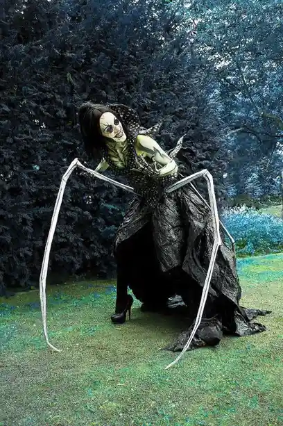 A person in a dark, gothic costume with a skull-like face paint and long black hair is crouched outdoors on grass, wearing…