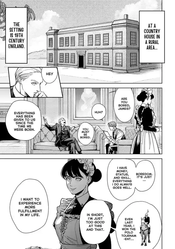 A manga panel depicts a wealthy 19th-century English country house setting. A man lounges on a couch, complaining about…