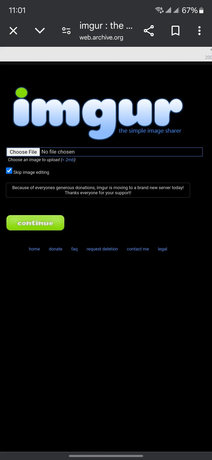 The image displays the Imgur website's upload page, featuring the Imgur logo, a 'Choose File' input field, a checked 'Skip…