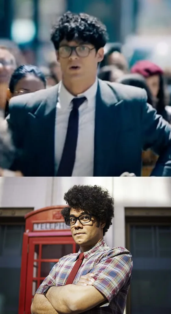 The image is split into two panels. Top panel: A man in a dark suit and glasses looks shocked with his mouth open, standing…