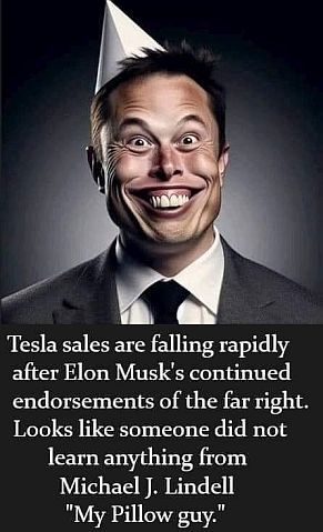 A digitally altered image of Elon Musk wearing a party hat and displaying an exaggerated, manic grin. The image has a dark…