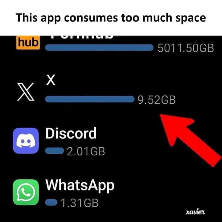A screenshot of an app storage usage list shows 'hub' using 5011.50GB, followed by 'X' at 9.52GB, Discord at 2.01GB, and…