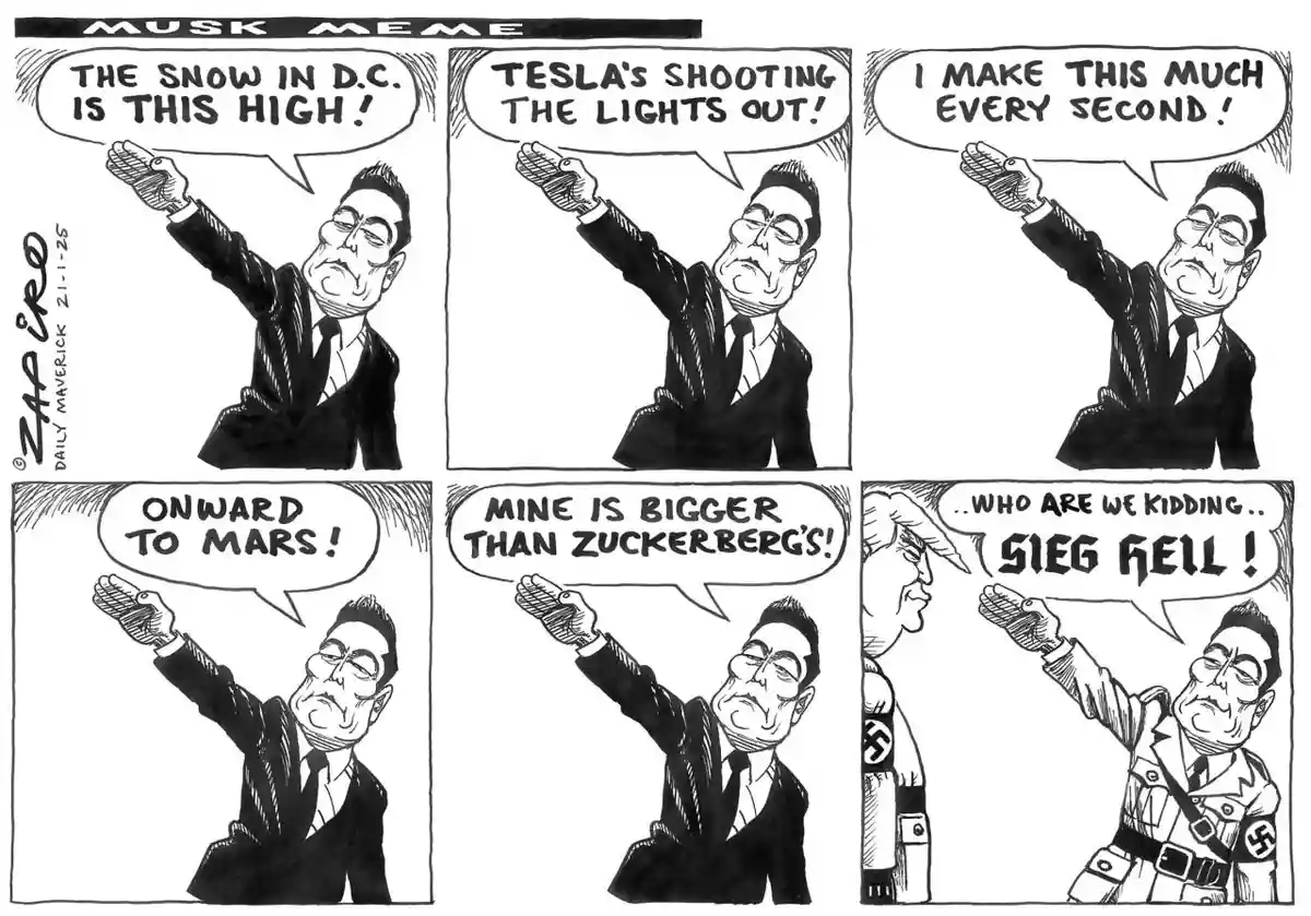 A six-panel black-and-white comic strip shows a caricature of Elon Musk in a suit, progressively escalating his boasts about…