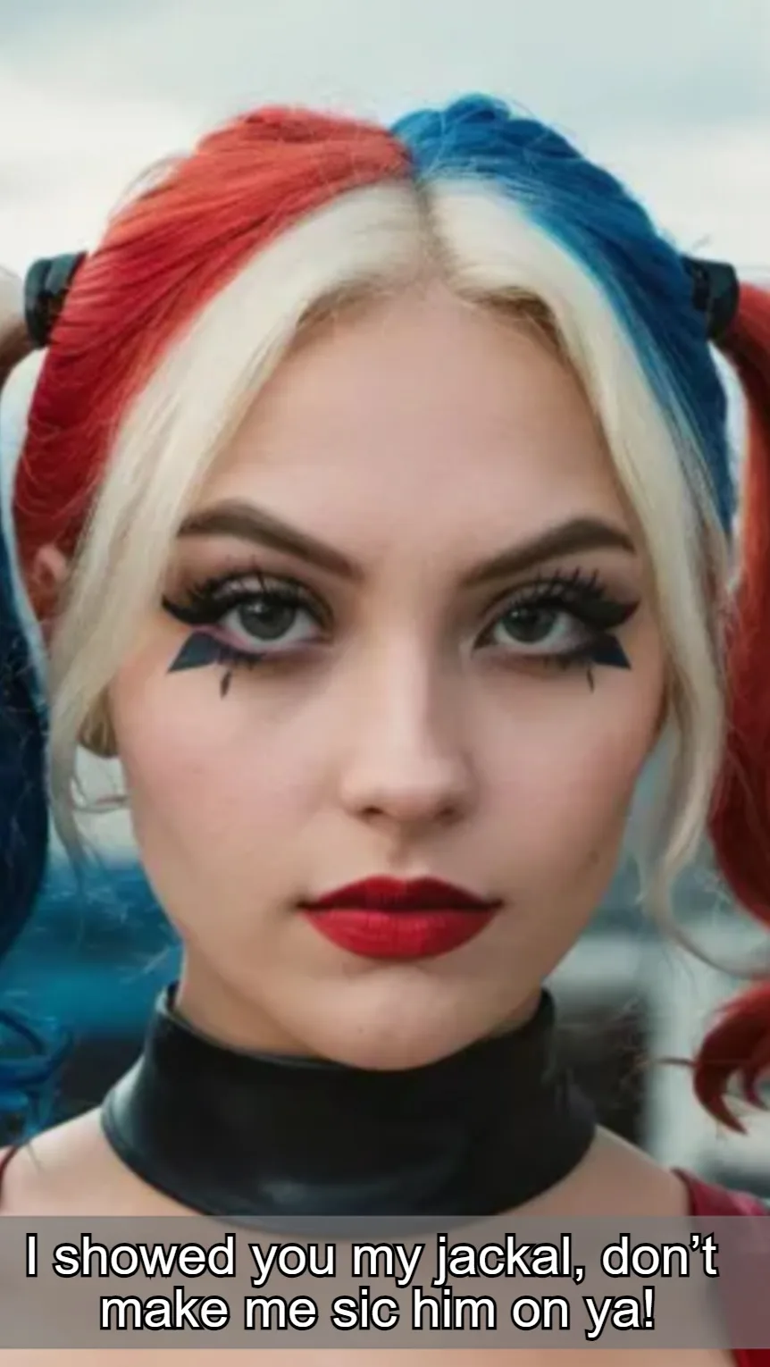 A close-up of Harley Quinn with her signature red and blue pigtails, black choker, and dramatic makeup, looking intensely at…