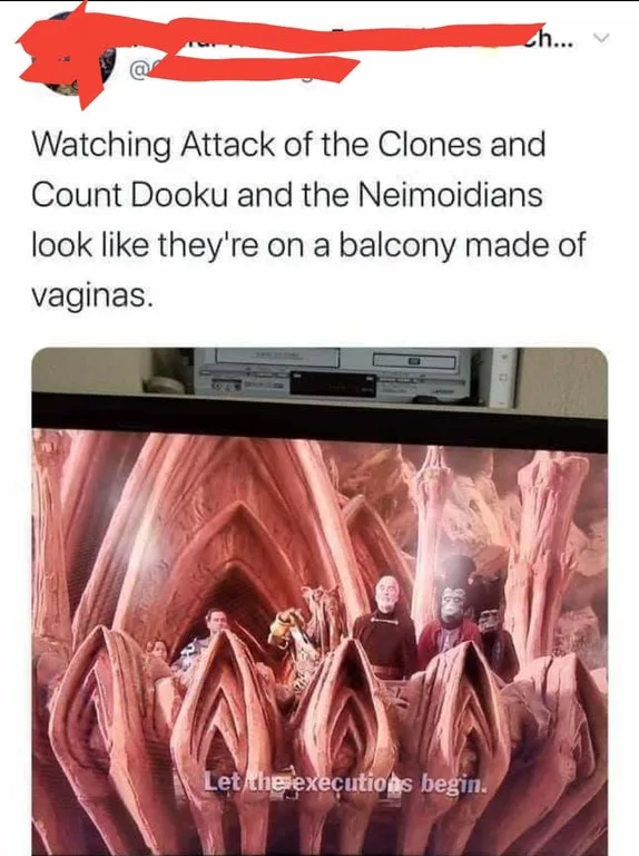 A screenshot of a tweet overlaying a scene from 'Star Wars: Episode II - Attack of the Clones' where Count Dooku and…