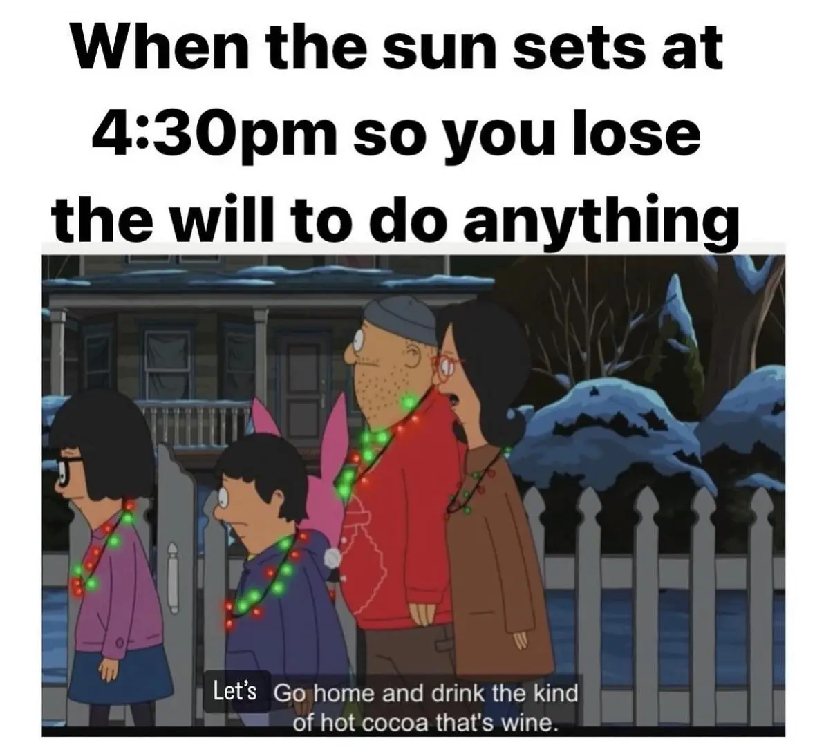 Four animated characters from Bob's Burgers stand in a snowy yard wearing festive string lights around their necks. The top…