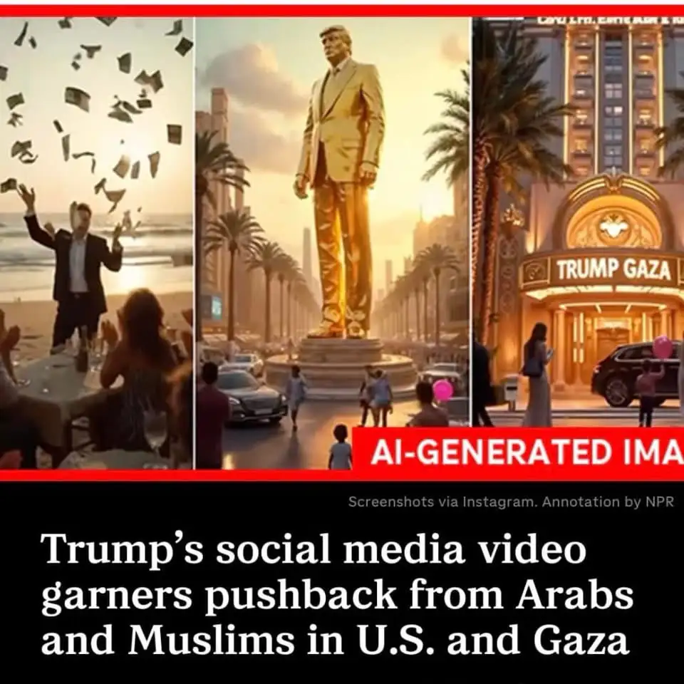 The image is a three-panel AI-generated collage showing a man throwing money on a beach, a giant golden statue of Donald…