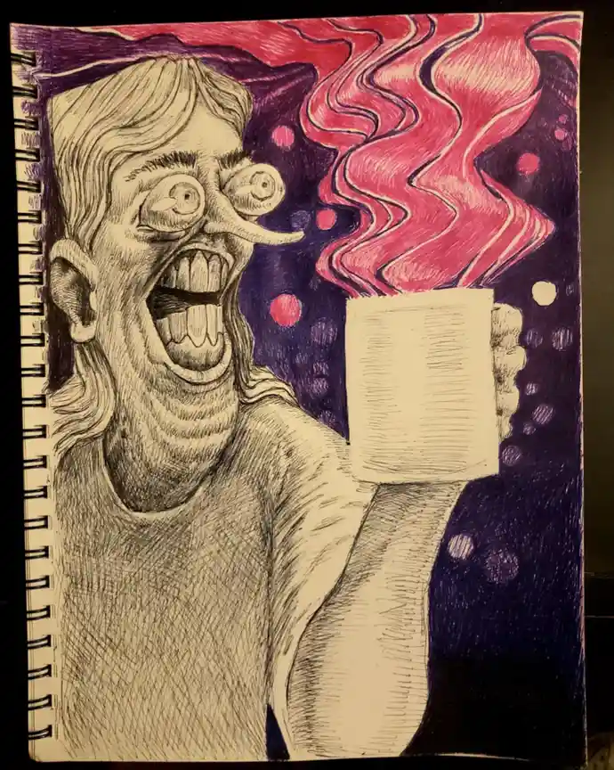 A hand-drawn, sketch-style illustration depicts a grotesquely distorted, screaming person with bulging eyes and an elongated…