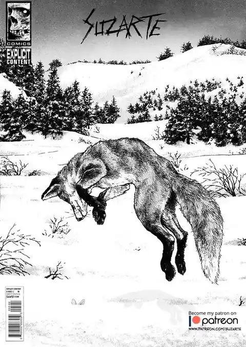 A black-and-white comic book cover parody showing a fox mid-air in a snowy landscape, with the title 'SUZARTE' at the top…