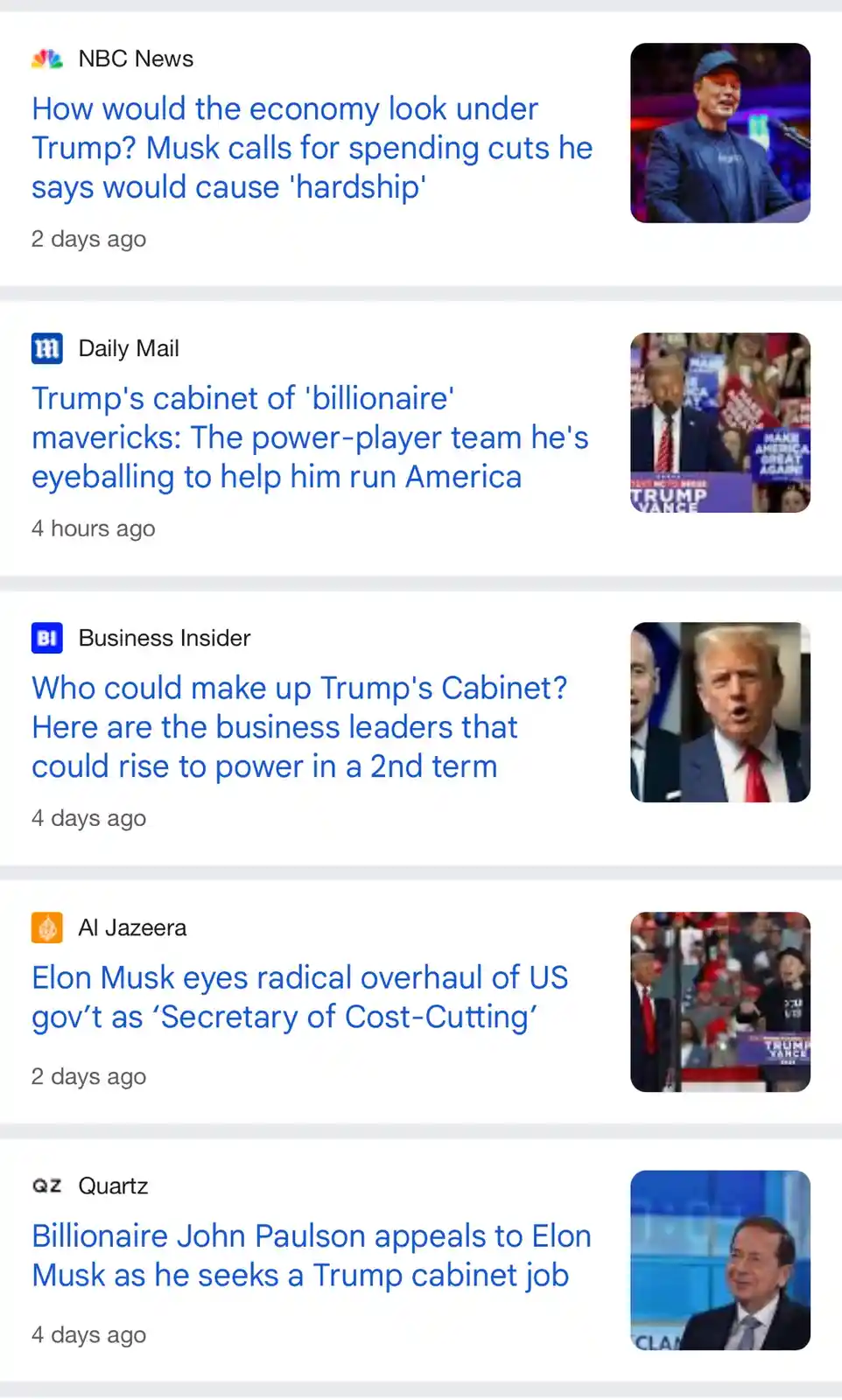 A screenshot of a news feed shows five headlines about Donald Trump's potential cabinet and economic policies, each paired…