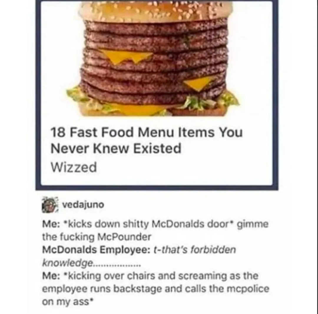 An image of an absurdly stacked burger with multiple patties and cheese slices, overlaid with text from a post titled '18…