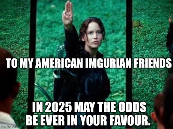 A still from 'The Hunger Games' shows Katniss Everdeen raising her hand in a salute, framed as if viewed through a phone or…