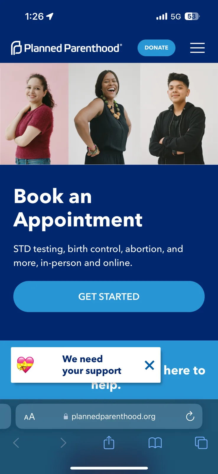 A screenshot of the Planned Parenthood mobile website showing three diverse smiling individuals above a 'Book an…