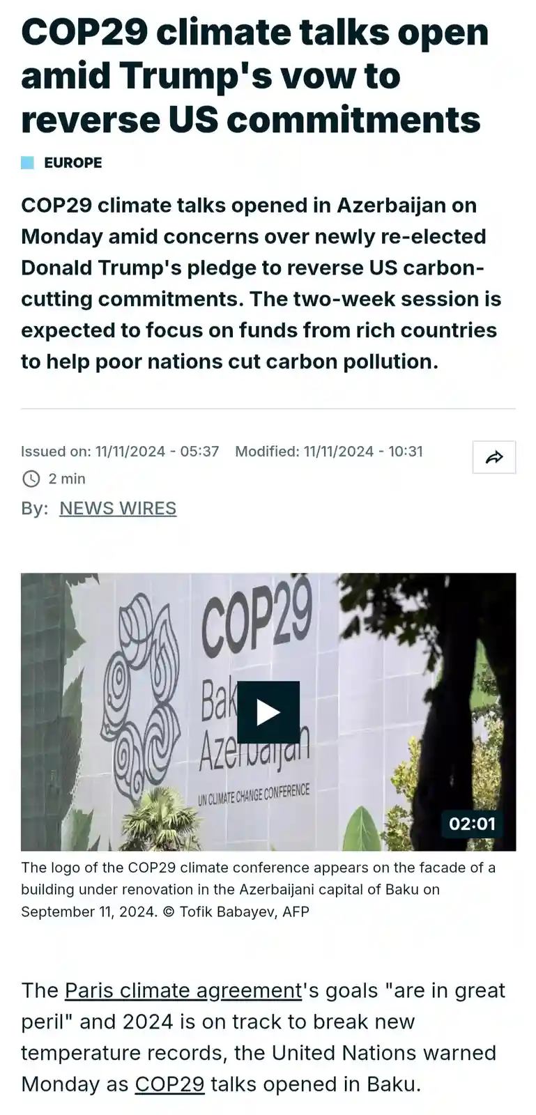 A screenshot of a news article about COP29 climate talks opening in Baku, Azerbaijan, with a headline mentioning concerns…