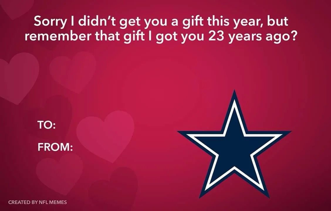 A red Valentine's Day card template with faint heart patterns, featuring the Dallas Cowboys star logo on the right and 'TO:'…