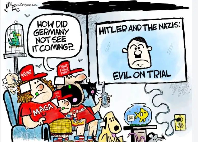 A cartoon depicts a group of people in MAGA hats and Trump-themed clothing watching a TV screen showing a caricature of…