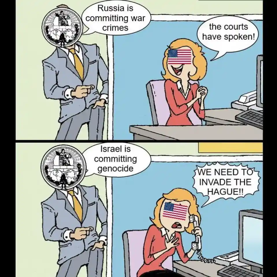 A two-panel comic strip shows a man with a courtroom seal for a head stating Russia is committing war crimes, while a woman…