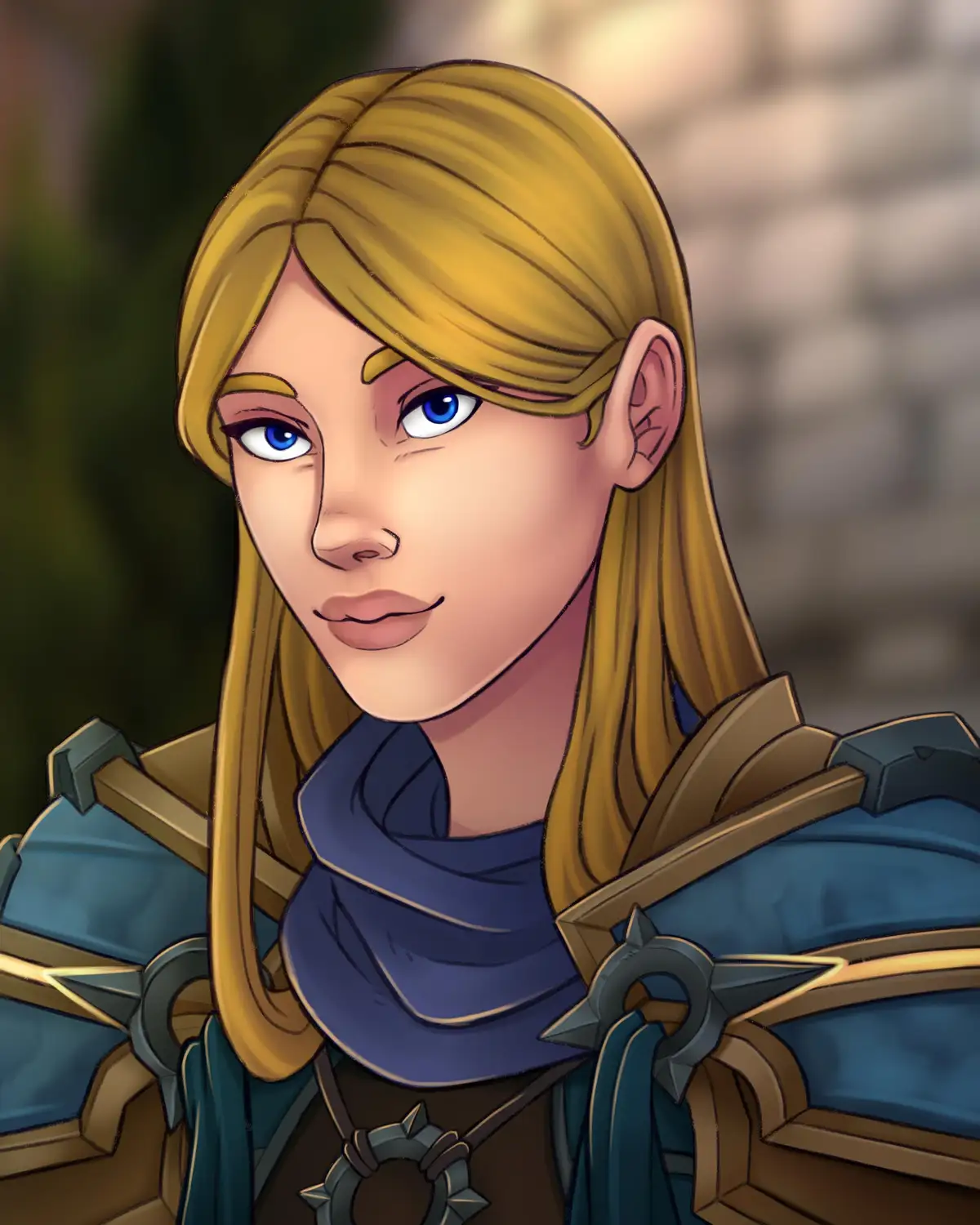 A digital illustration of a female fantasy character with long blonde hair, blue eyes, and a calm expression, wearing blue…