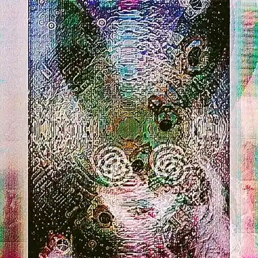 A heavily distorted, glitch-art style image of a face with swirling, pixelated colors and abstract patterns, overlaid with…