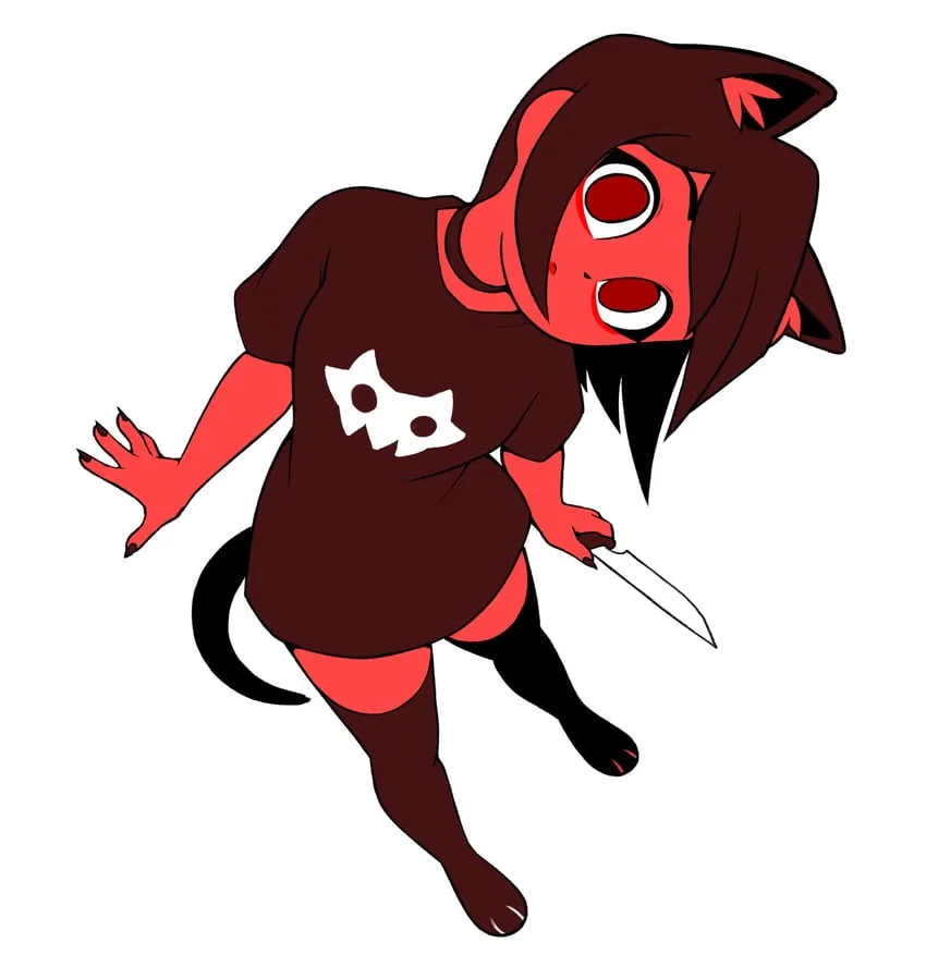 A cartoon demon girl with red skin, dark brown hair, cat ears, and a black tail is shown in a dynamic pose, holding a knife…
