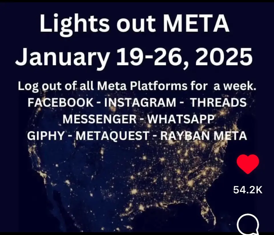 A dark image of the United States at night with city lights visible, overlaid with white text announcing a 'Lights out META'…