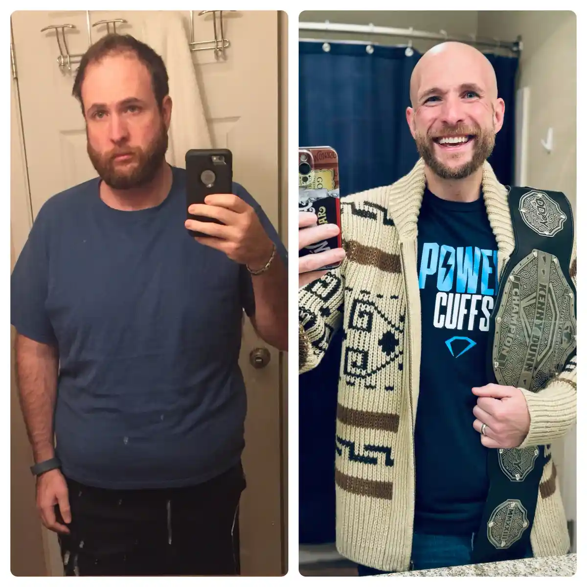 Two side-by-side mirror selfies show a man's transformation: left, he looks overweight in a blue t-shirt with a bored…