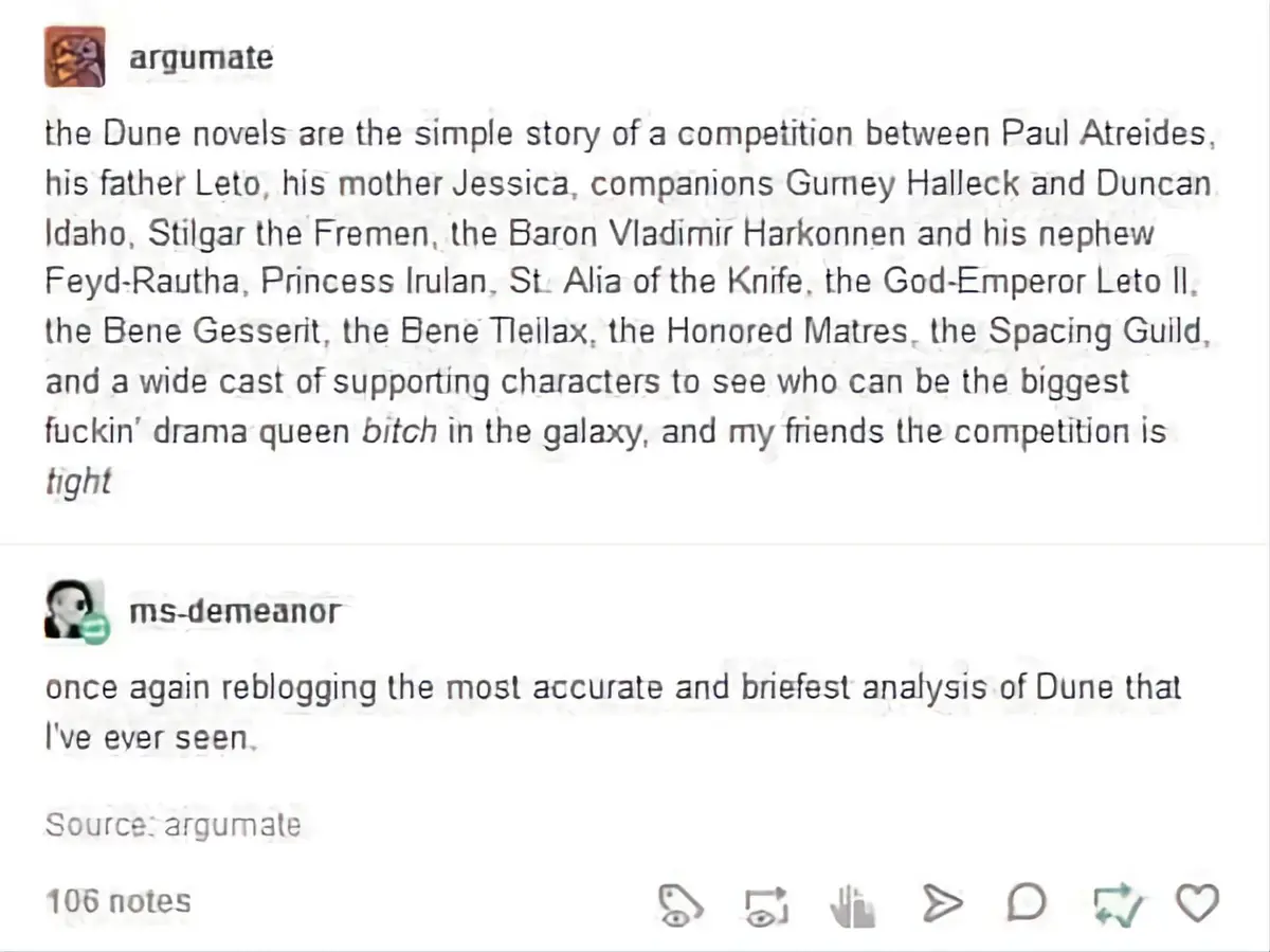 The image shows a screenshot of a Tumblr post by 'argumate' listing numerous characters and factions from the Dune universe…