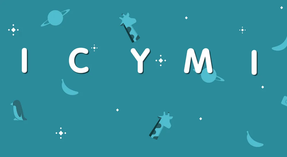 The image displays a teal background with scattered cartoon penguins, bananas, and planets. The text 'ICYMI' is repeated…