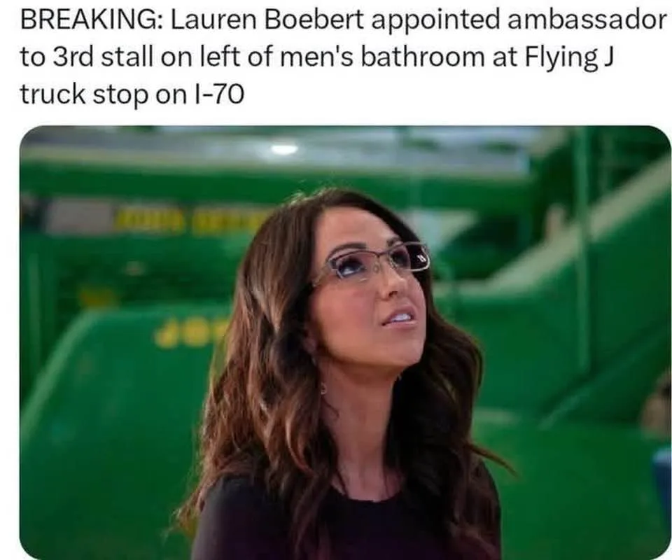 The image shows a woman with long brown hair and glasses looking upward with a slightly confused or exasperated expression…