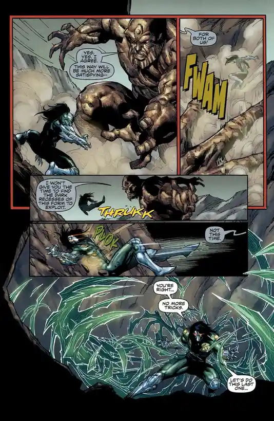 A comic book panel shows a large, muscular villain confronting a smaller, agile hero. The villain taunts, 'FOR BOTH OF US!'…