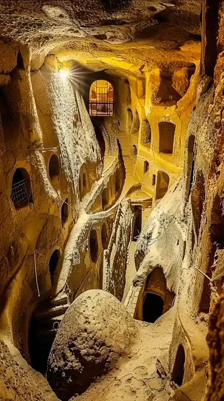 A vertically oriented photograph shows a complex network of ancient, carved cave dwellings and tunnels with arched doorways…