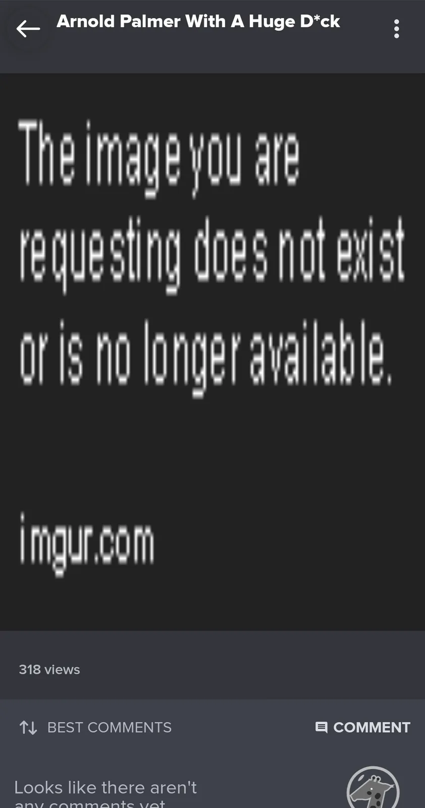 The image displays a standard Imgur 'image not found' error page with white pixelated text on a black background. The text…