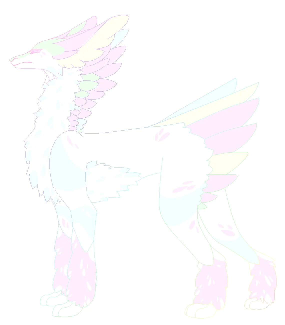 A stylized, pastel-colored canine creature with large, layered wings on its back and head, standing in profile against a…